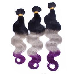 Black Roots Grey and Purple Ombre Virgin Indian Human Hair Weave Wefts Body Wave #1B/Grey/Purple 3Tone Ombre Human Hair Bundles Deals