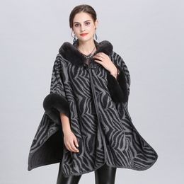 New Autumn Winter Women's Loose Hooded Poncho Wool Blends Faux Fur Collar Cuff Cardigan Shawl Cape Cloak Outwear Coat C4962