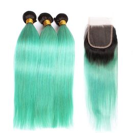 Ombre Light Green Virgin Human Hair Weave Bundles with Closure Straight Human Hair Extensions 1B/Green Ombre 4x4 Lace Closure with Weaves