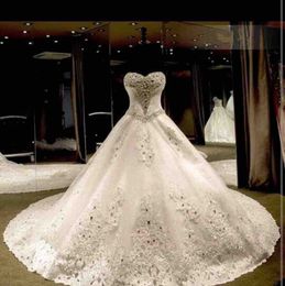 2019 Sparkly Beaded A Line Wedding Dresses For Arabic Women Sweetheart Lace Appliques Sweep Train Real Image Plus Size Bridal Party Gonws