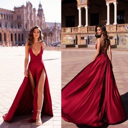 sexy red evening gowns spaghetti side split satin formal mermaid prom dresses cross back abendkleid special occasion party gown
