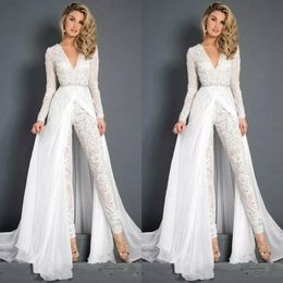 2020 New Lace Chiffon Wedding Dresses Jumpsuits With Overskirt Modest V Neck Long Sleeve Beaded Belt Beach Casual Jumpsuit Bridal Gowns 2837