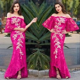 Fuchsia Lace Mermaid Prom Dresses Off The Shoulder Poet Sleeves 3D Appliques Evening Gowns High Low Zipper Back Arabic Party Dress 2019