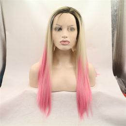 New fashion Blonde Ombre Pink Straight Long Synthetic Lace front Wigs For Women Cosplay Party Wigs Heat Resistant