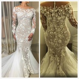 2020 Arabic Aso Ebi Illusion Lace Beaded Wedding Dresses Sheer Neck Long Sleeves Bridal Dresses Vintage Wedding Gowns ZJ222