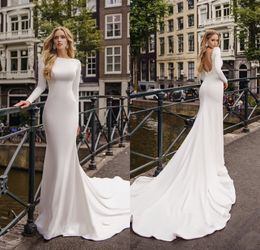 2019 Satin Mermaid Wedding Dresses Beteau Neck Sexy Backless Sweep Train Modest Long Sleeve Wedding Dress Custom Made Cheap Bridal Gowns