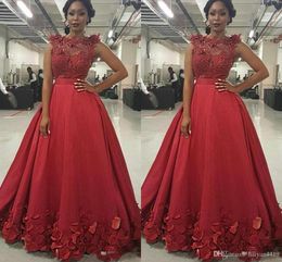 Sleeveless Jewel Neck Bright Red Prom Dresses with Petals Floral Rose Flowers Long Evening Dress Party Pageant Formal Gowns