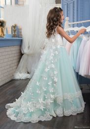 Girls Pageant Dresses Mint Green Lace Applique 3D Butterfly Floral Sash Crystal Beads Long Tulle Kids Flower Girls Dress Birthday 344g