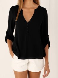 S-5XL Women deep v neck Shirts 2019 Summer button long sleeve ladies tops chiffon shirts solid elegant Top Black casual