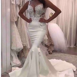 New Arabic Mermaid Wedding Dresses Spaghetti Straps Lace Appliques Beads Illusion Wedding Guest Dress Plus Size Custom Formal Bridal Gowns