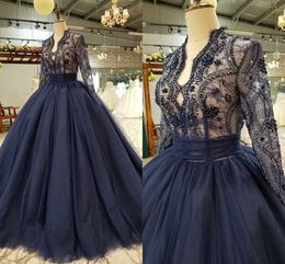Bling Ball Gown Princess Prom Dresses Illusion Long Sleeve Lace Crystal Beading V-neck Hollow Back Evening Dresses Formal Party Dress 2019