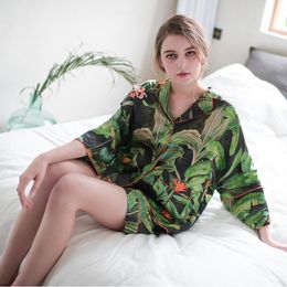 Ice silk Pyjama women's summer suit thin two piece short sleeve fashion printed silk can be worn outside home loose clothes