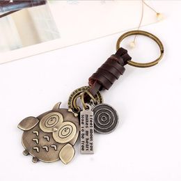 Cute Owl Retro Woven Keychain Leather Alloy Key RingsCar Interior Accessories Pendant