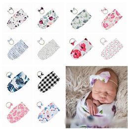 Newborn Sleeping Bags Floral Printed Elastic Baby Swaddle With Bow Headband 2pcs Sets Soft Toddler Wraps Blanket Photographic Props