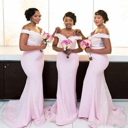 Plus Size baby pink mermaid bridesmaid dresses Sexy Off Shoulders Black Girls nigeria Lace Long Formal Prom Evening Gowns 2019 maid of Honour