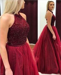 Modest Hot Sale Elegant Halter Neck Organza Long Evening Dresses Beaded Sequin Backless Lace Formal Vestido De Noche Prom Party Dress