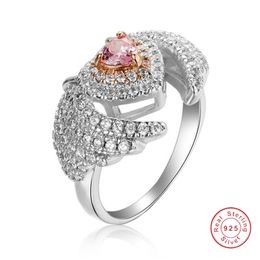 Heart Pink Birthstone 925 Sterling silver ring Women Angel Wing Ri Engagement Wedding Jewellery size 5-10