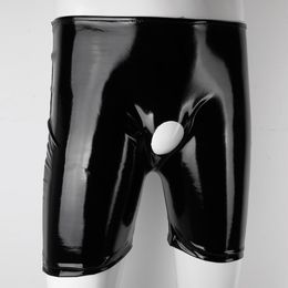 Fashion-Mens Shiny Sexy Boxer shorts Underwear Patent Leather Open Penis Hole Long Leg Boxer Short Panties penis Rubber pants