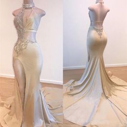 Gorgeous High-Neck V-Neck Champagne Mermaid Prom Dresses 2022 Long Slit Evening Gowns Occasion Gowns Plus Size Party Dress