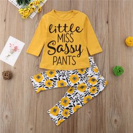 Jaune Enfants Fleur Vêtements Bébé Filles Lettre Tenues Hauts T Shirt Pantalons Deux Pièces Ensemble à Manches Longues Du Nouveau Né Bébé Vêtements