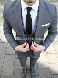 Very Good One Button Grey Groom Tuxedos Peak Lapel Men Suits 3 pieces Wedding/Prom/Dinner Blazer (Jacket+Pants+Vest+Tie) W572