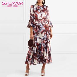 S.FLAVOR Women Floral Print Dress Casual Butterfly Sleeve Patchwork Slim Dress Spring Summer Elegant Vintage Party Vestidos