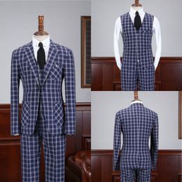 Handsome Plaid Groom Tuxedos Peaked Lapel Groomsmen Wedding Tuxedos Popular Men Formal Prom Jacket Blazer Suit (Jacket+Vest+Pants)