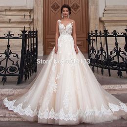 Champagne A Line Wedding Dresses 2020 Lace Applique Sleeveless Jewel Sheer Neck Wedding Gowns Court Train Bridal Dress with Beading Sash