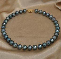 Great South Sea NATURAL 9-10MM black green pearl necklace 18 inches 925 silver gold brooch