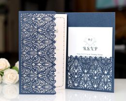 Laser Cut Wedding Invitations With RSVP Cards Dark Navy Customized Flowers Folded Wedding Invitation Cards With Envelopes BW-HK153N