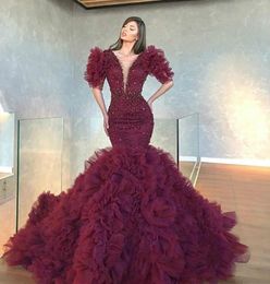 Dubai Arabic Mermaid Evening Dresses Long Beaded Sequins Half Sleeves Plus Size Prom Dress Ruffle robe de soiree Dark Red Formal Party Gowns