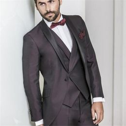 Brand New Burgundy Groom Tuxedos Shawl Lapel Groomsmen Mens Wedding Dress Popular Man Jacket Blazer 3 Piece Suit(Jacket+Pants+Vest+Tie) 899