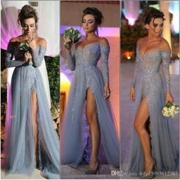 Party Evening Dress A Line Off Shoulder High Slit Grey Lace Tulle Prom Dresses 2019 New Fashion Long Sleeves Evening Dress 033