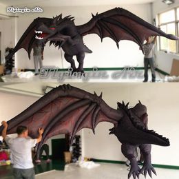 Customised Halloween Inflatable Ancient Fire Dragon Model 4m Hanging Black Air Blown Flying Pterosaur Balloon With Wings For Music Festival Decoration