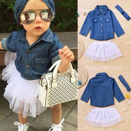 Clothing Sets Kis Summer Denim Mesh Three-piece Skirt Shirt+Skirt+Headband