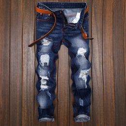 Foreign trade Long-term in stock Men denim trousers Slim Straight jeans blue hole sexy Moto & Biker jeans for men big size 40 42