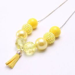 Cute Tassel Pendant Design Girls Kids Chunky Beads Necklace Yellow Bubblegum Handmade Chain Necklace Children Jewellery