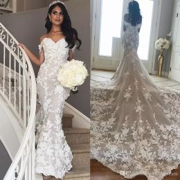 mermaid lace wedding dresses off shoulder 3d appliqued bridal gowns chapel train trumpet tulle plus size vestido de novia custom