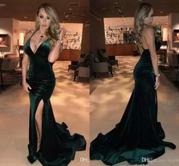 Cheap Sexy Dark Green Velvet Mermaid Prom Dresses Spaghetti Straps Floor Length High Side Split Long Formal Dress Prom Party Gowns Wear