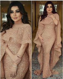 2019 New Bling Sequins Mermaid Prom Dresses Rose Gold Jewel Neck Floor Length Middle East Arabic Evening Party Gowns