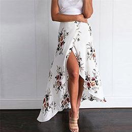 2019 Women New Fashion Hot Casual Sexy Skirt Women Summer High-Waisted Boho Asymmetrical Split Ends Printing Beach Skirt 40