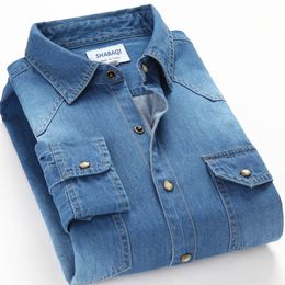 Fashion-Spring Autumn Men Denim Thin Shirt Long Sleeve Soft 100% Cotton Two Pockets Slim Slight Elastic Jeans Cowboy 4XL