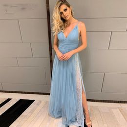 Pale Blue Sofuge Long Evening Dresses High Slit Lace Appliques Sexy V Neck Tulle Arabic Muslim Special Occasion Robe De Soiree