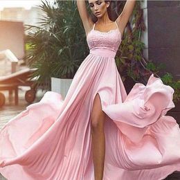 Slit Pink Long Prom Dresses Lace Pageant Gowns robe de soiree Floor Length Spaghetti Party Dresses Abendkleider Split Wedding Guest Dresses