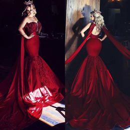 2020 Red Mermaid Evening Dresses Satin With Lace Applique Sequins Rhinestone Prom Dress Sweep Length Party Gowns