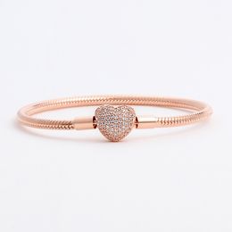 -Fashion Heart Shaped Echtsilber-Armband für Pandora Sterlingsilber 925 Rose Gold CZ-Diamant-wilden Schlange-Knochen-Ketten-Armband mit ursprünglichem