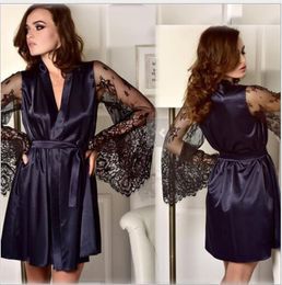 Navy blue Women sexy Nightwear Satin Lace Lingerie Sleepwear Robes Intimate night Gown Robes Kimono Exotic Apparel Babydolls Chemises