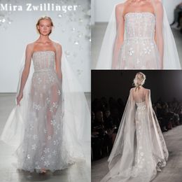 Modest Mira Zwillinger A Line Wedding Dresses Strapless Sleeveless Beads Applique Ruched Backless Wedding Gown Sweep Train robe de mariée