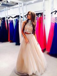Sexy Two Pieces Prom Dresses High Neck Beaded Top Champagne Tulle Floor Length Formal Party Dresses Evening Gowns