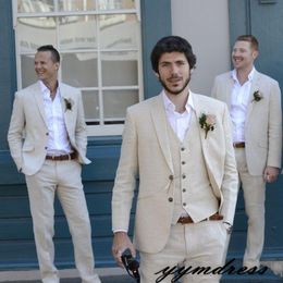 Beige Beach Wedding Tuxedos Linen Men Suits Bestmen Summer Marriage Groom Wear Tuxedos Three Piece (Jacket+Pant+Vest)